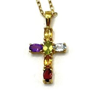 Vintage Multi Color Rhinestone Cross Pendant Necklace Gold Tone Signed PAJ BB